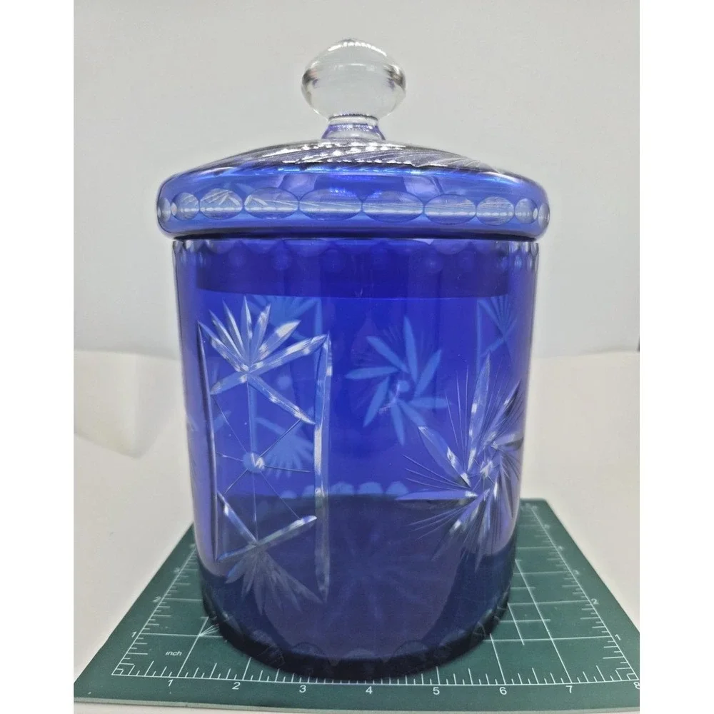 Bohemian Czech Cobalt Blue Cut to Clear Pinwheel Biscuit Cookie Jar Ice Bucket
